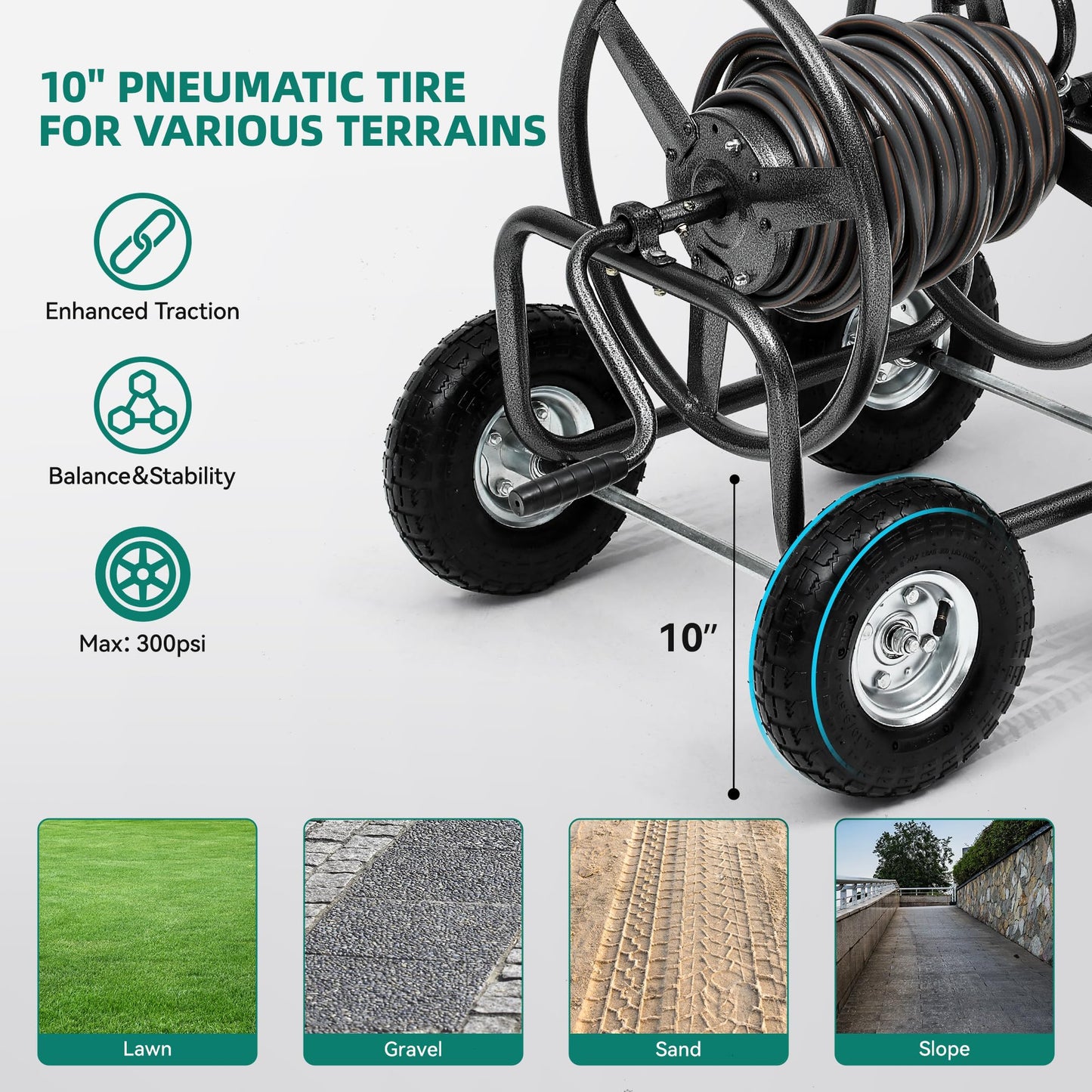 Autodaya 250FT Garden Hose Reel Cart with 10" Pneumatic Tires, Heavy-Duty Steel Frame for Tangle-Free Water Hose Storage, Easy-Rolling Lawn & Yard Hose Holder
