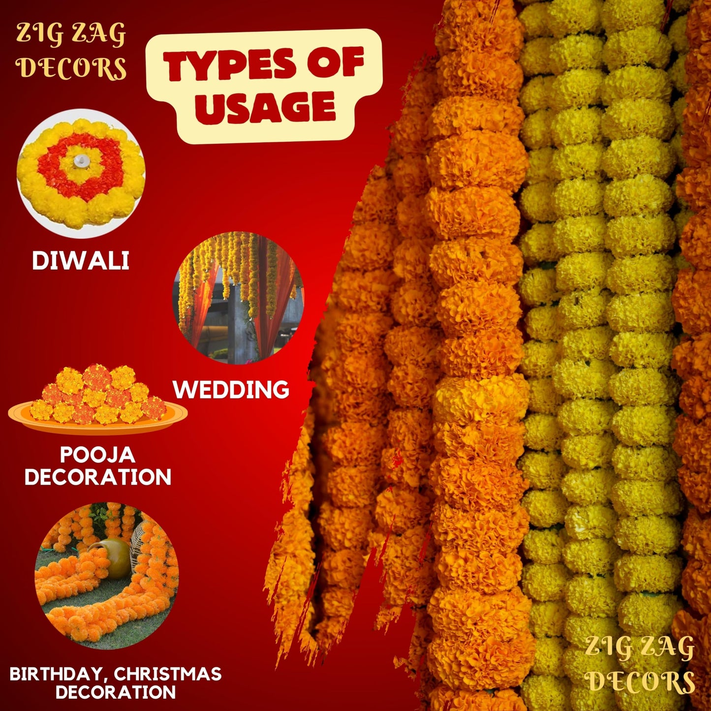 zig zag Artificial Marigold Garland (5pcs Pack) - Ideal for Weddings,Birthday, Christmas Decorations, and Diwali Celebrations, Faux Garlands 5 Strings - 4.5-5 Ft Long (Yellow)