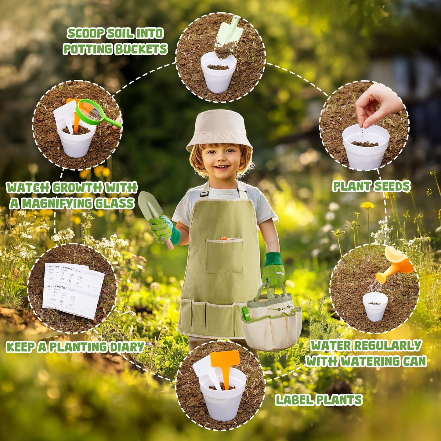 ROBOTIME Kids Gardening Tools, 17 PCS Toddler Gardening Set, Children's Gardening Tools, Metal Kids Gardening Set All in One Kit, Gardening Tools for Kids Outdoor Toys Gift for Boys and Girls