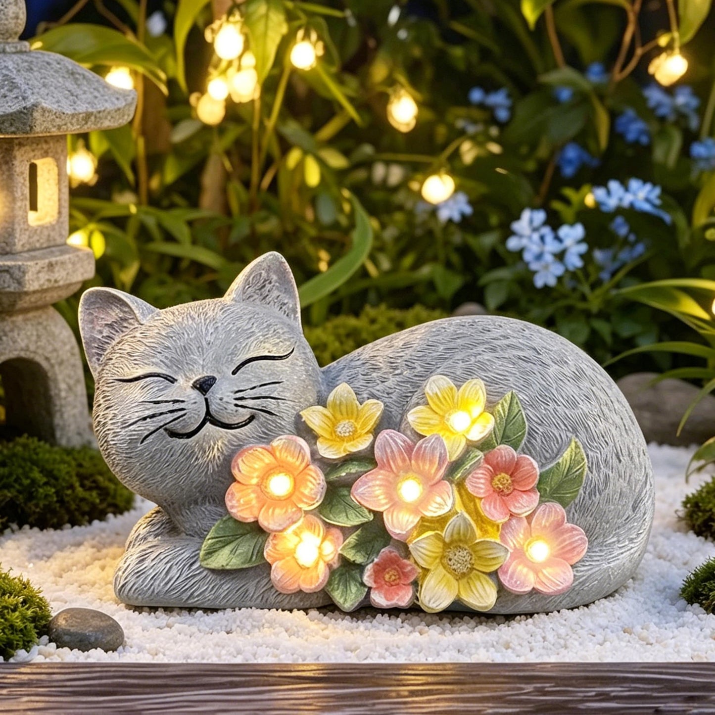LEAESMHR Solar Cat Outdoor Statue, Resin Solar Cat Lights with Flower for Outside, Garden Cats Figurine for Lawn Porch Yard Art - Birthday Gifts for Mom Grandma Women