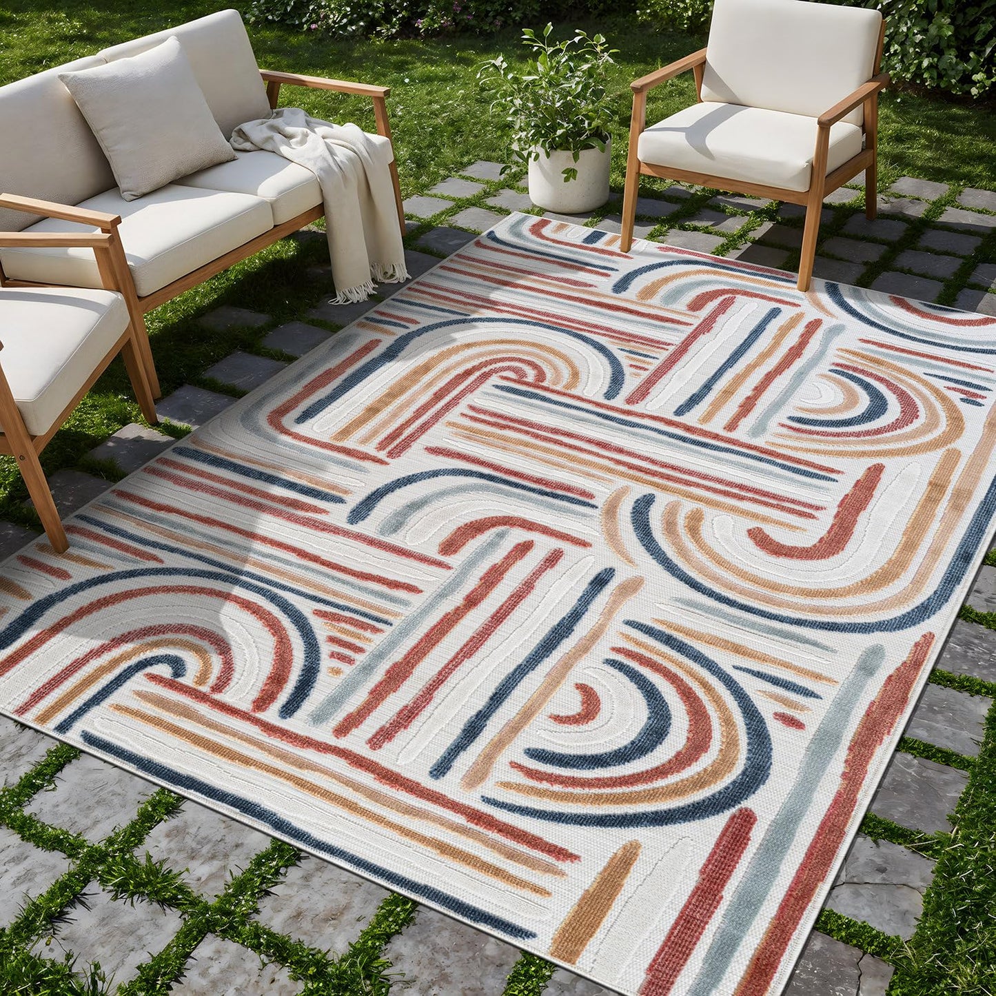 CAMILSON Indoor Outdoor Rug, Multicolor 6x9 Geometric Arch Striped Area Rugs for Patio and Home Areas, Easy-Cleaning Non-Shedding Living Room, Garden and Deck Washable Outside Carpet (6 x 9)