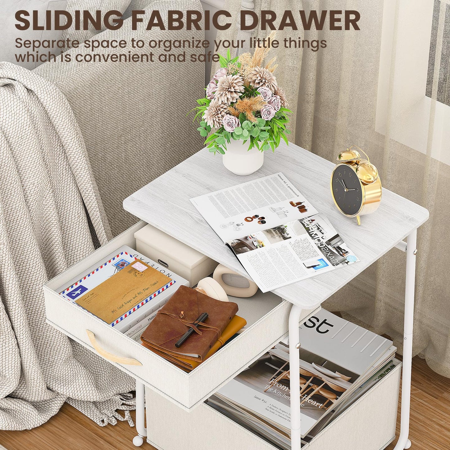 Olldide 3-Tier Bedside Table with Storage, Modern Square Nightstand with Fabric Storage Basket & Drawers, Multifunctional Side Table for Living Room, Bedroom (White)