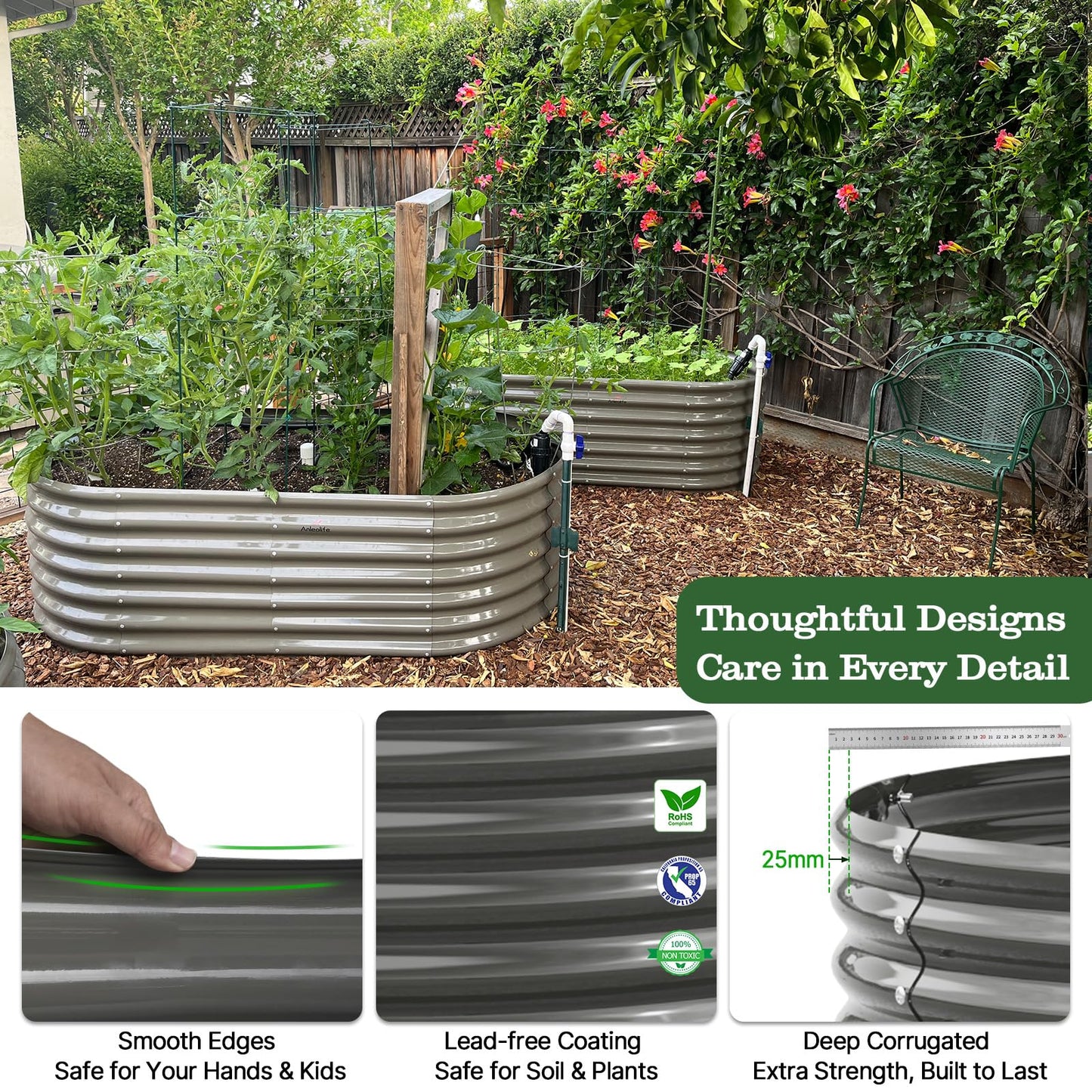 A ANLEOLIFE 12-Pack Galvanized Raised Garden Beds Outdoor, 18" Deep Modular Metal Planter Box Kit, Whole Backyard Farm Garden System with Oval Heart & Round Beds for Vegetable & Flowers, Quartz Grey
