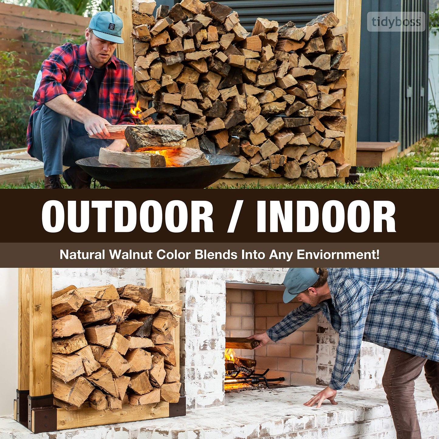 TIDYBOSS 2 Pack Firewood Rack Outdoor | 2x4 Brackets for Wood | Lumber Storage Rack Log Holder | Adjustable to any Length with Seal Strip, Gloves, Steel Plates and Screws (Dark Brown)