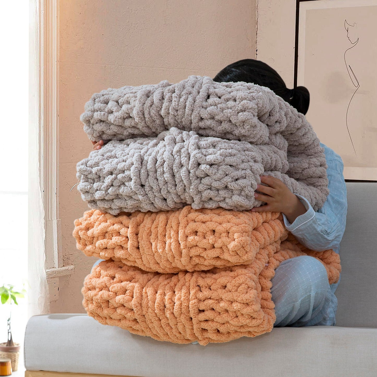 CLOUDS HUG Chunky Knit Blanket Throw - 100% Hand Knitted Thick and Warm Throw for Winter, Linen, 50x60 Inches, Crochet