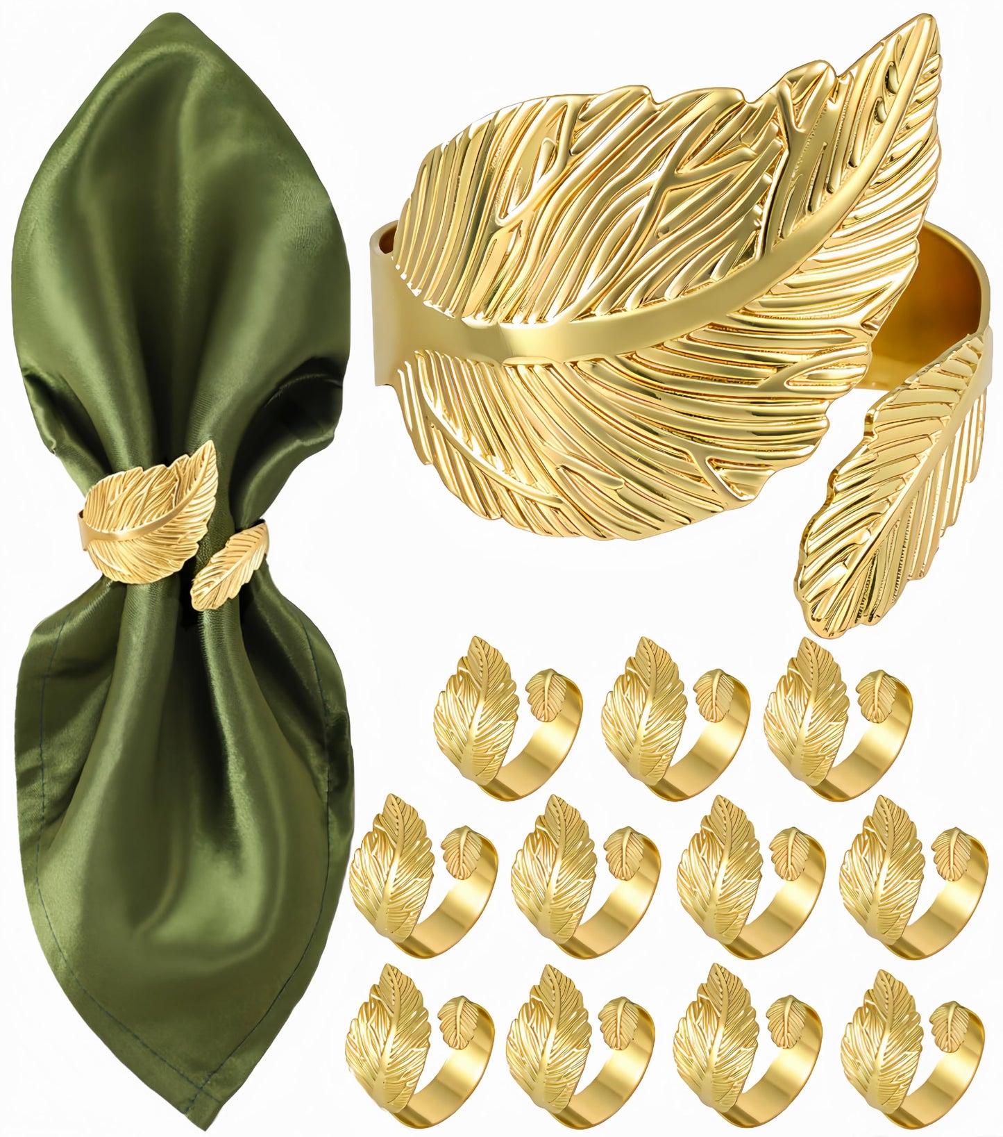 MONKKINO Napkin Rings Set of 12, Shiny Gold Napkin Rings, Smooth, Easy Care, Solid Metal Laurel Leaf Shaped Elegant Table Decor, Stylish Napkin Ring Bulk for Holidays Wedding, Party, New Homes Gift