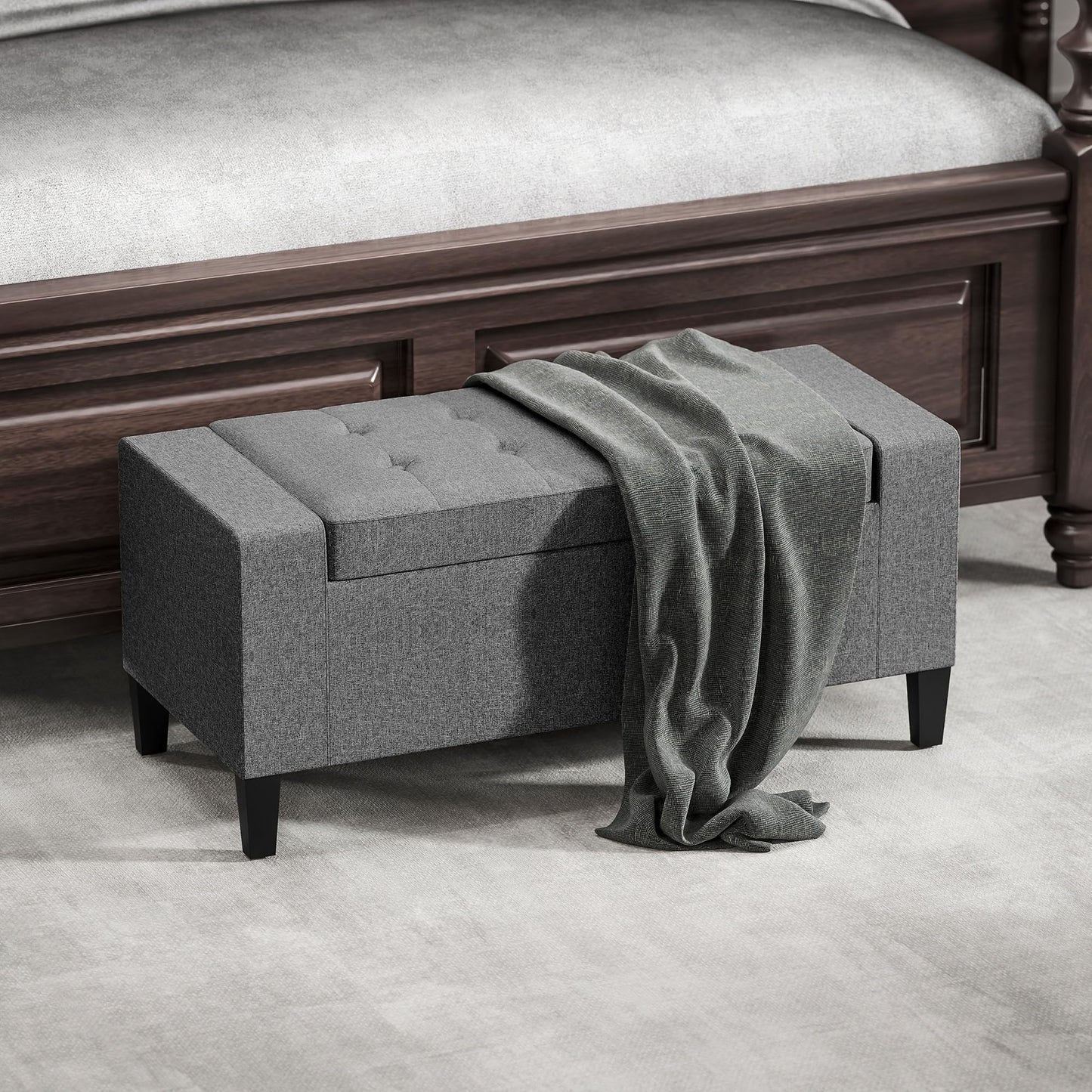HOMCOM Storage Ottoman, Linen Upholstered Storage Bench with Lift Top and Button Tufted for Living Room, Gray