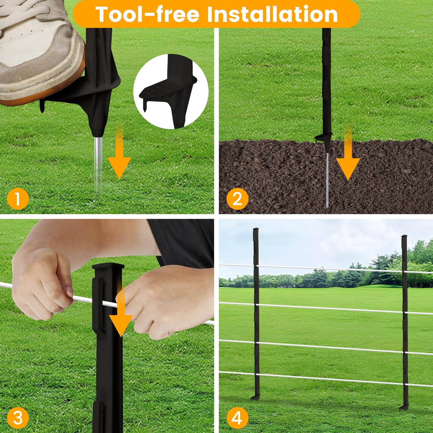 Toriexon Electric Fence Posts 25 Pack, 48 inch Step in Fence Post, Temporary Plastic Fence Posts for Farm Protection, Sturdy Fencing Post for Garden Yard, Black