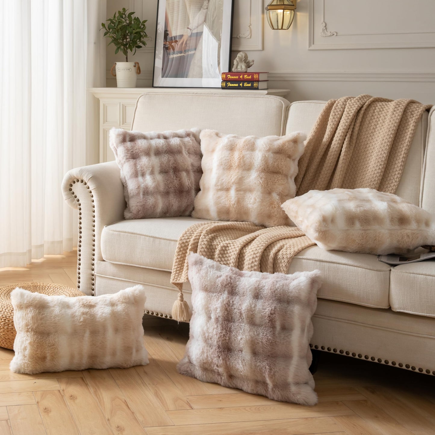 Joyouth Pack of 2 Thick Plush Throw Pillow Covers Fluffy Wave Faux Fur Decorative Cushion Covers Soft Wool Pillowcase for Sofa Couch Livingroom 18x18 Inch White Beige