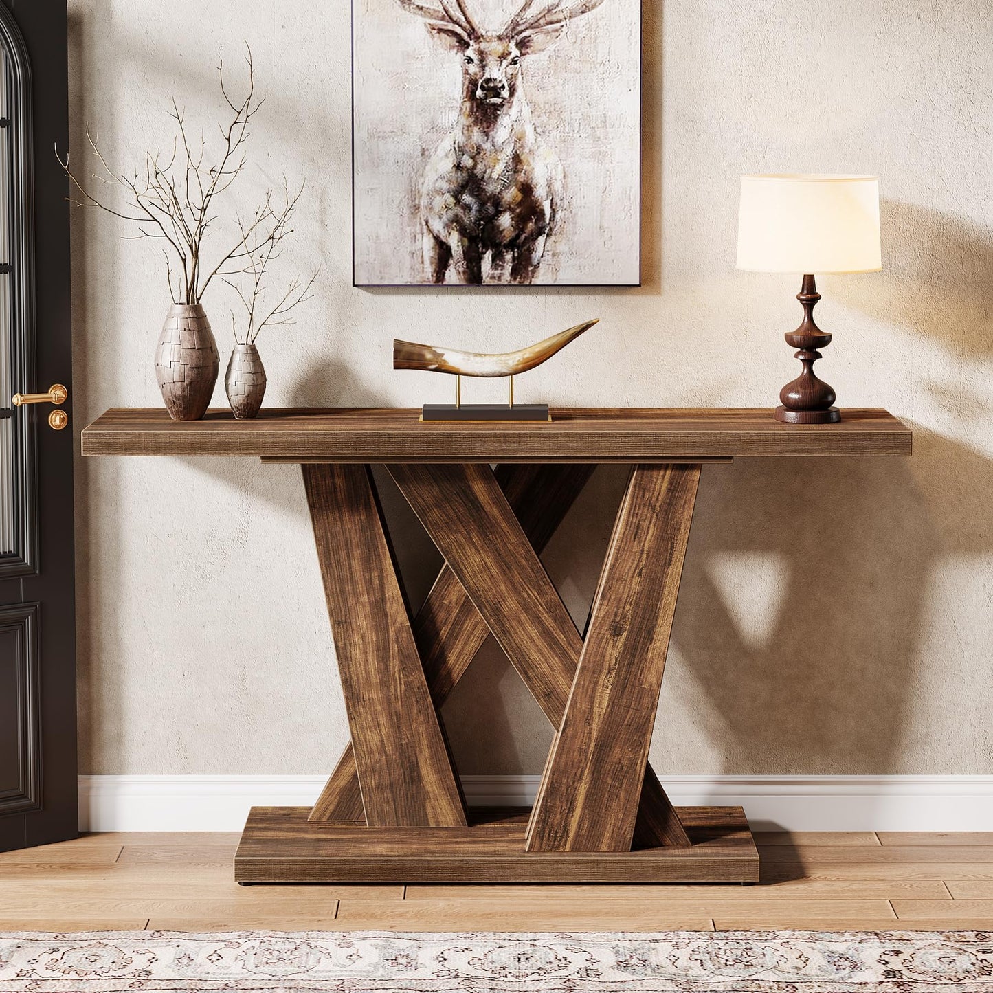 Tribesigns 55-Inch Farmhouse Console Table, Farmhouse Behind The Couch Table TV Stand with Geometric Base, Skinny Sofa Table Entryway Table for Entrance, Living Room, Hallway, Foyer, Rustic Brown