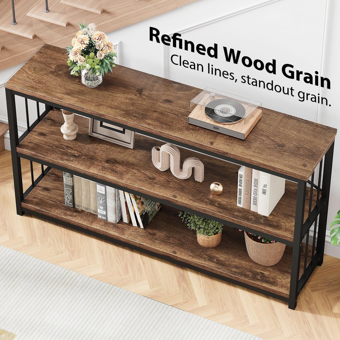 LVB Industrial Console Entryway Table, Metal Wood Rustic Sofa Table with Storage, Farmhouse 3 Tier Shelf Long Hallway Foyer Entry Tables Behind Couch for Home Living Room Entryway, Rustic Brown, 55 In