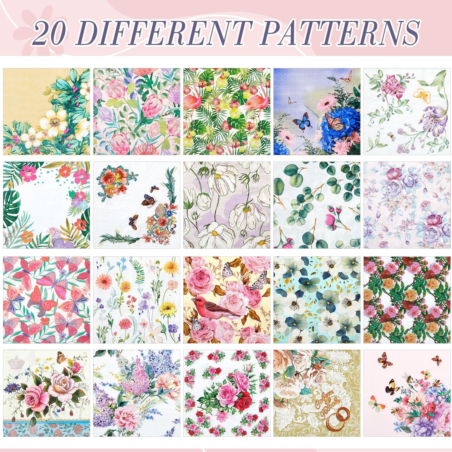 Crtiin 20 Pack Decoupage Napkins Floral Napkins Flower Cocktail Paper Decorative Toilet for Valentine's Day Birthday Party Beautiful Gorgeous, 20 Styles Each 6.5 Inches(Style 1)