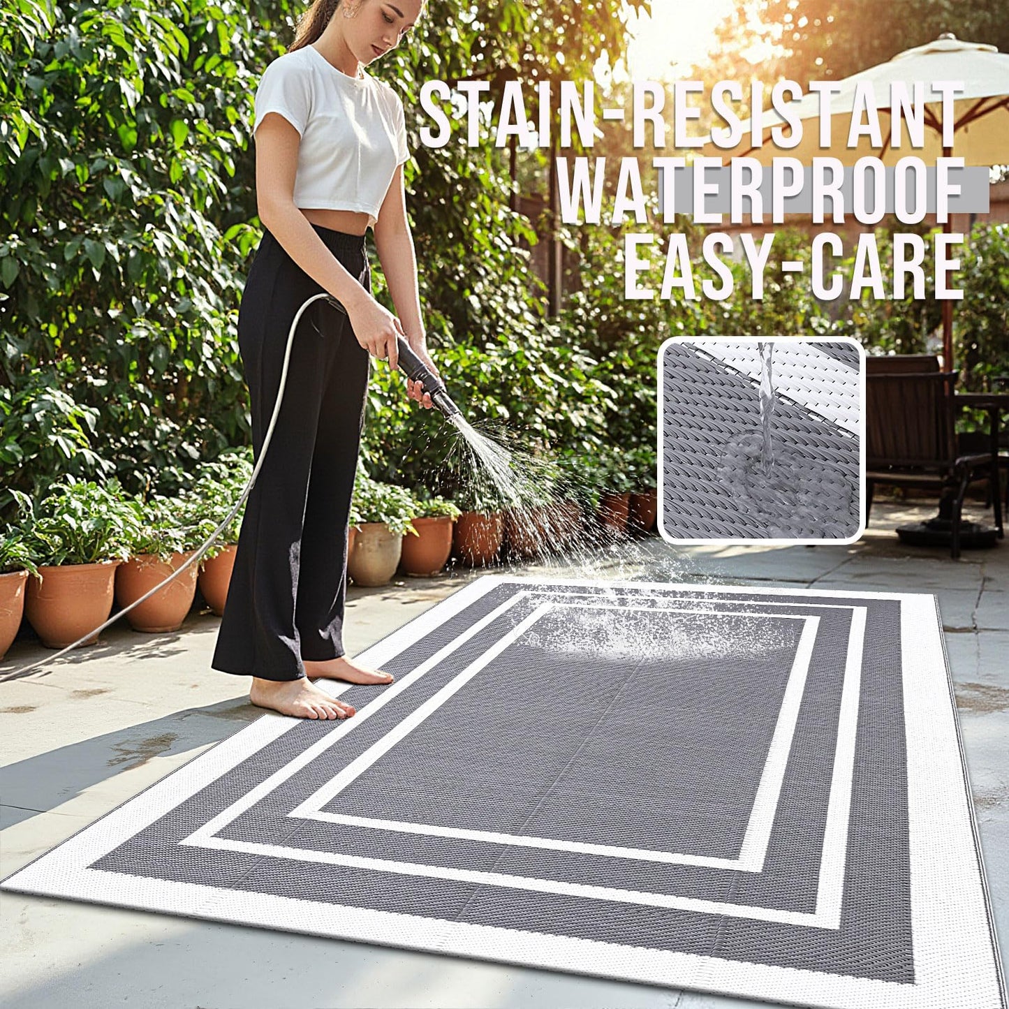 OLANLY Outdoor Rug 5x8 ft Waterproof, Reversible Outdoor Plastic Straw Rug, RV Mat, Indoor Outdoor Carpet Clearance for Patio, Camping, Balcony, Deck, Backyard, Grey & White