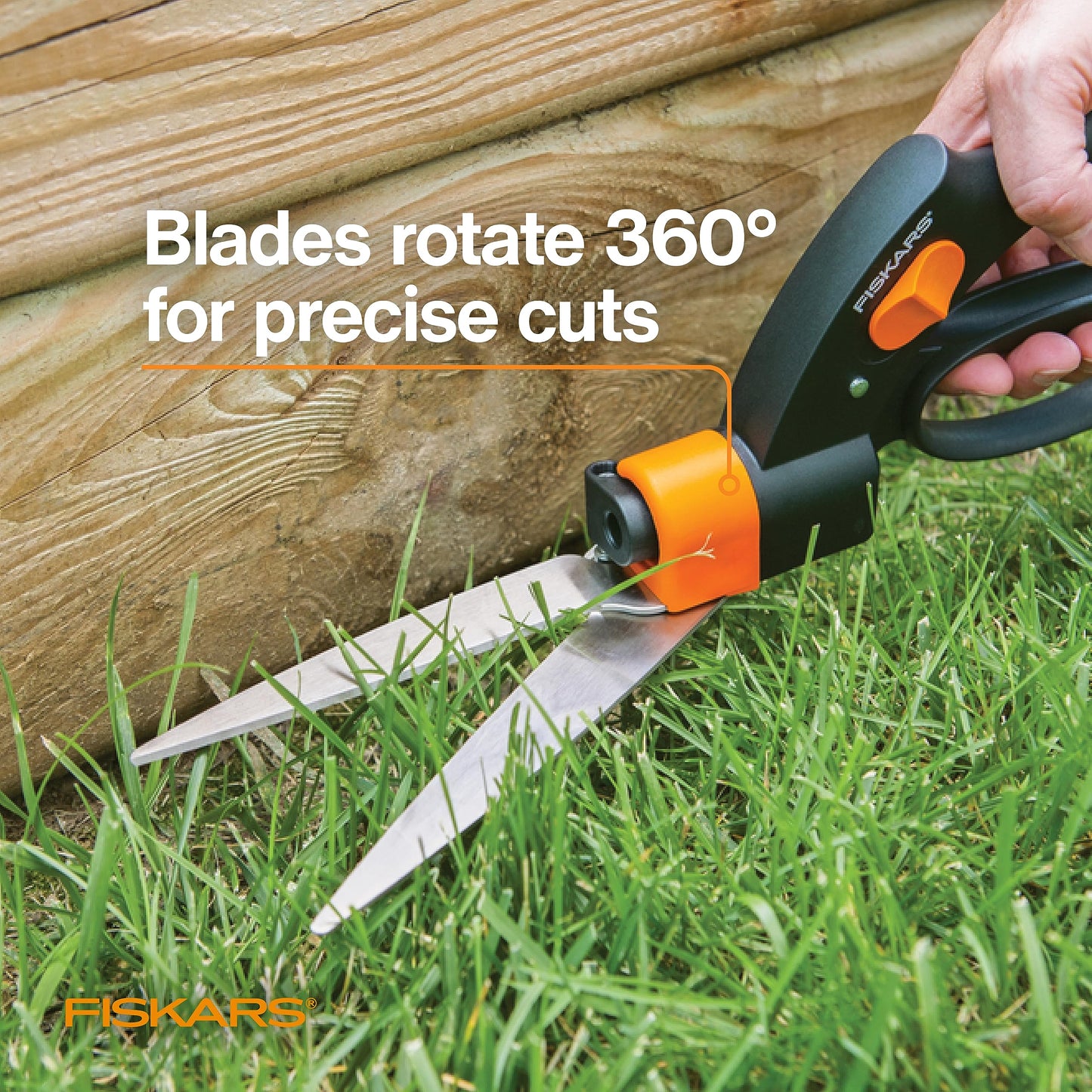 Fiskars Shear Ease Grass Shears - 5" Stainless Steel Blades - 360-Degree Swivel Blade Plant Cutting Scissors - Garden Shears and Grass Cutter, Black