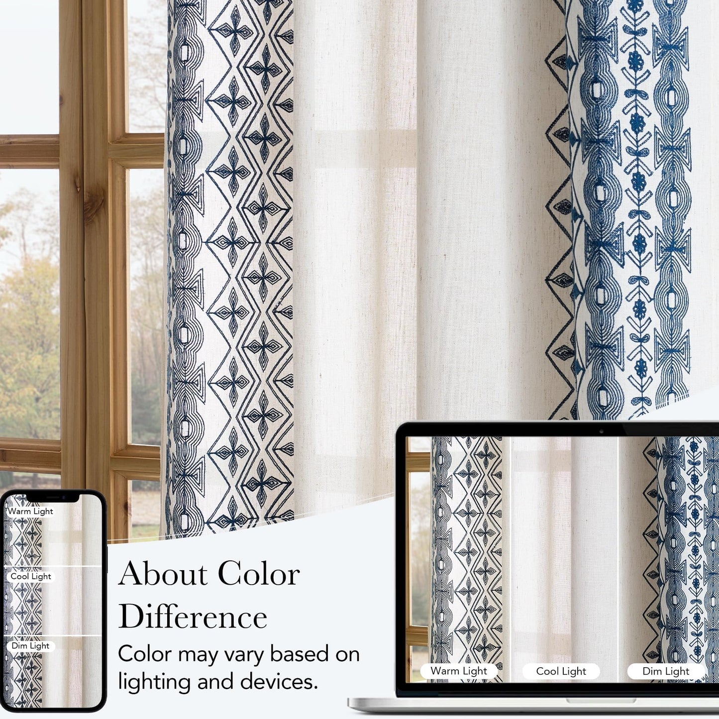 NICETOWN Boho Curtains with Navy Blue Trim 84" Long 2 Panels, Embroidered Cream Linen Textured Geometric Drapes with Antique Bronze Grommets, Light Filtering Window Treatment for Living Room & Nursery