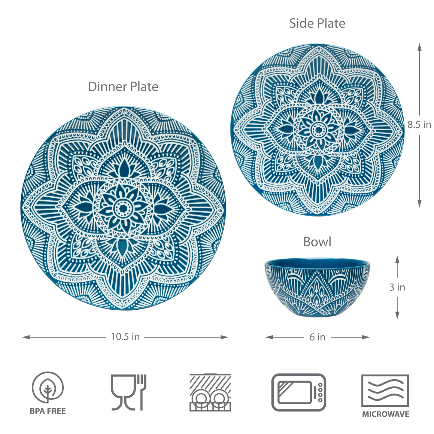 Bzyoo 12-Piece Ceramic Dinnerware Set: La La Mandala Blue Dish Set Design for Every Occasion - Microwave & Dishwasher Safe Stackable Plates Bowls