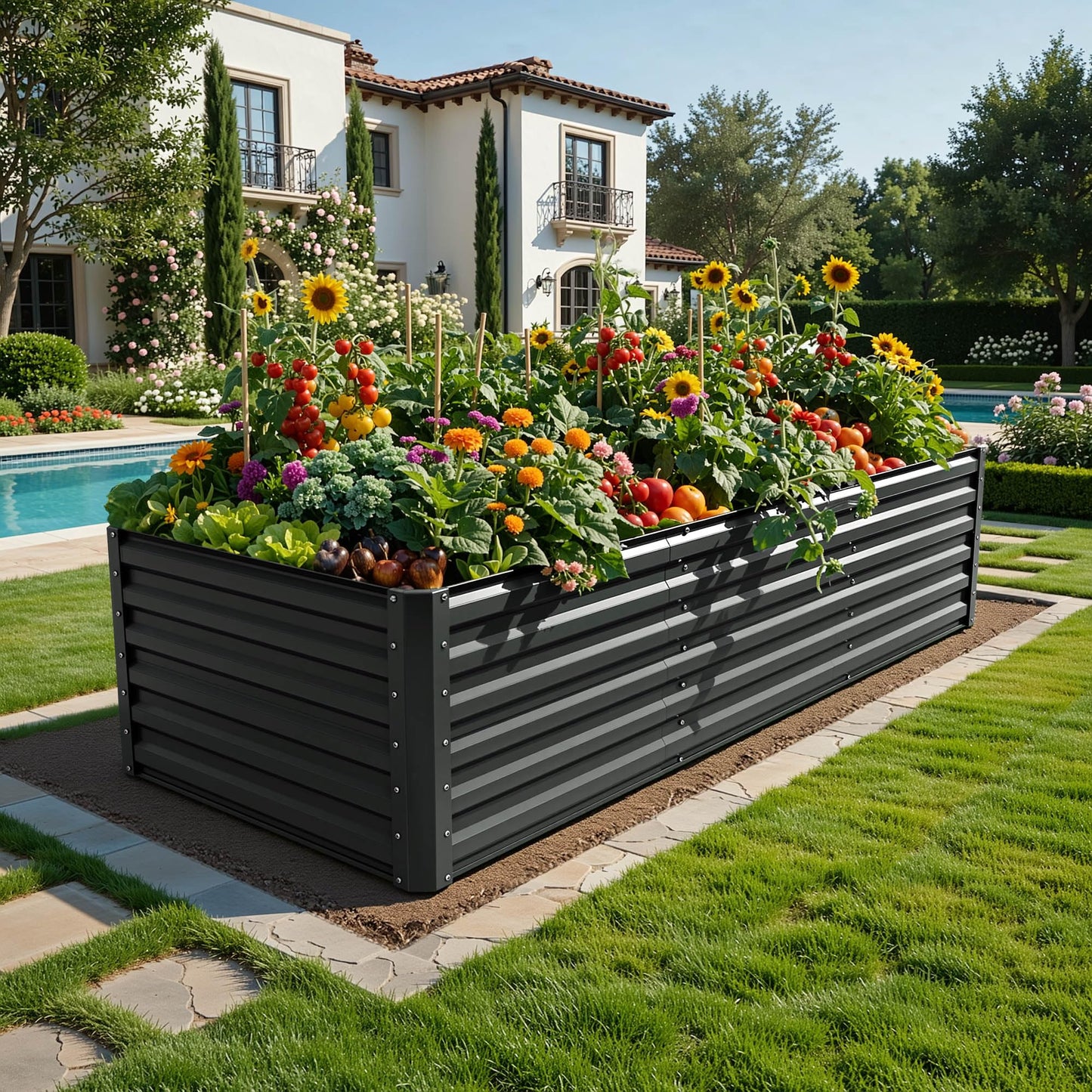 YITAHOME 96x48x24 in Galvanized Raised Garden Bed Kit, Large Metal Planter Box with Gloves, Safety Rubber & Support Rod, Outdoor Flower Bed for Plants Vegetables, Black