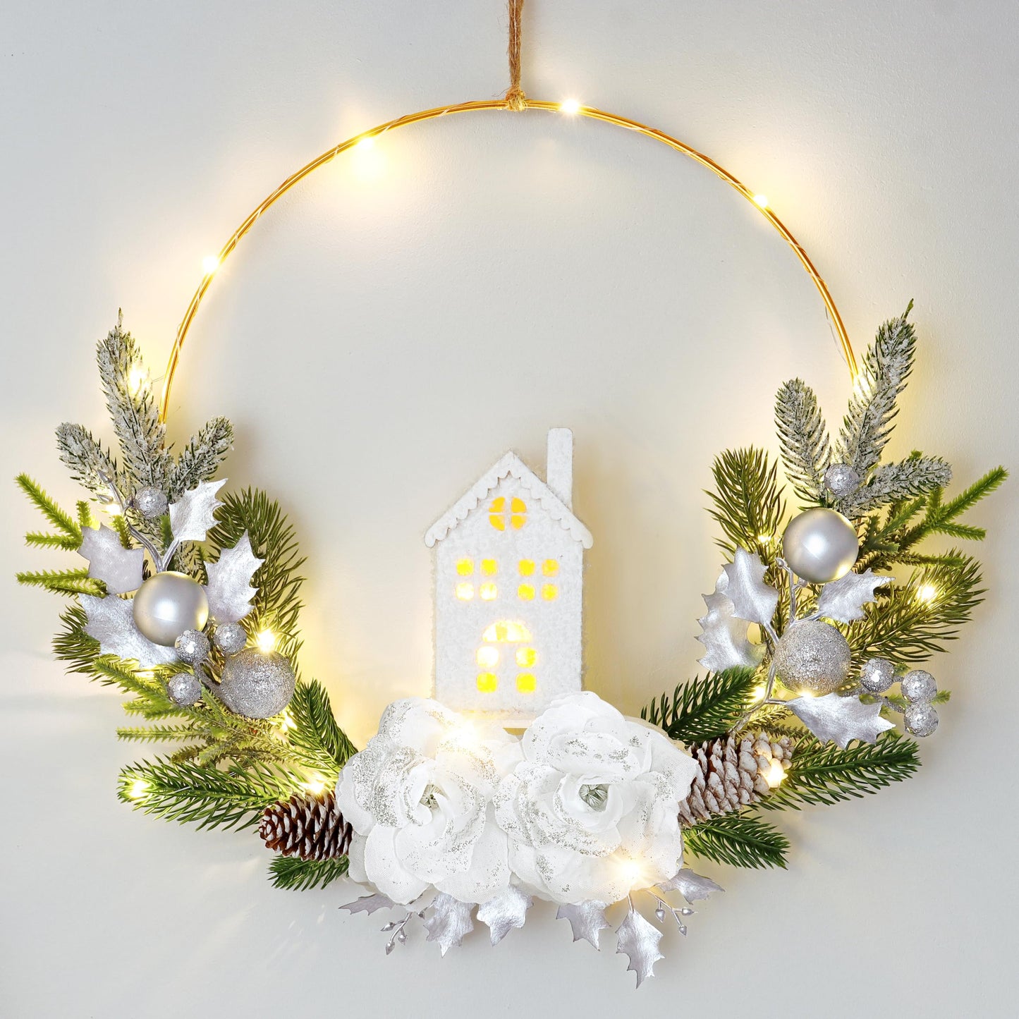 MEIVINES Prelit Christmas Wreath for Front Door 16Inch Artificial Christmas Door Wreath with Lights Silver Rose Farmhouse Xmas Winter Wreath for Christmas Decoration Wall Fireplace Mantle(Silver)