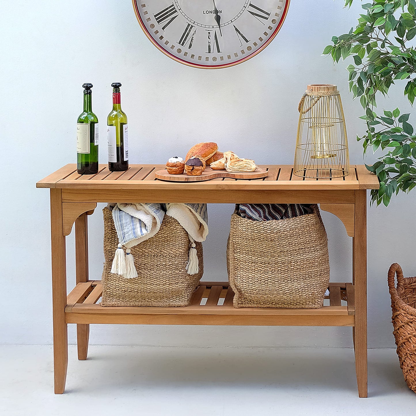 Cambridge Casual Auburn Solid Teak Wood Outdoor Console Table – Narrow Garden Table with Bottom Shelf for Patio, Deck, or Poolside – Premium Weather-Resistant