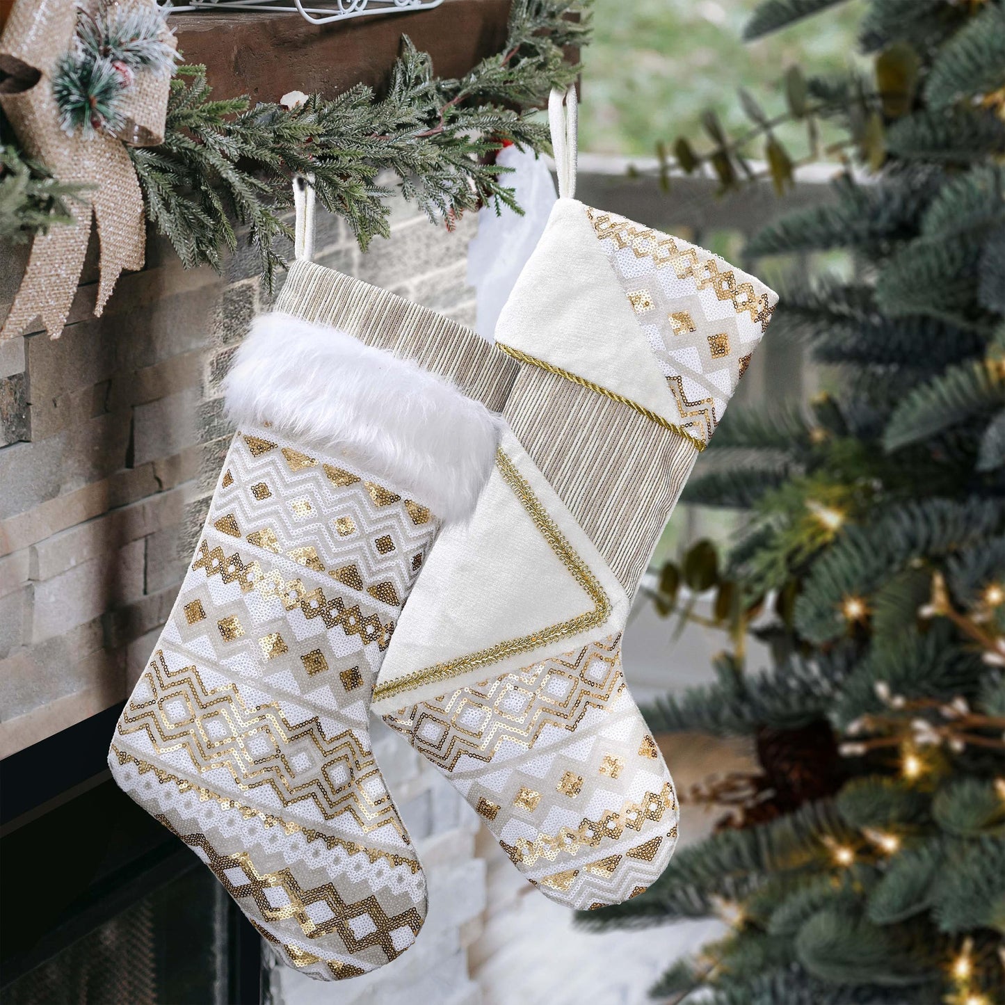Valery Madelyn Christmas Stockings Decorations, 21 Inch Fabric 2 Pack White Gold Corrugation Exquisite Plush Personalized Fireplace Hanging Ornament for Holiday Xmas Party Decor