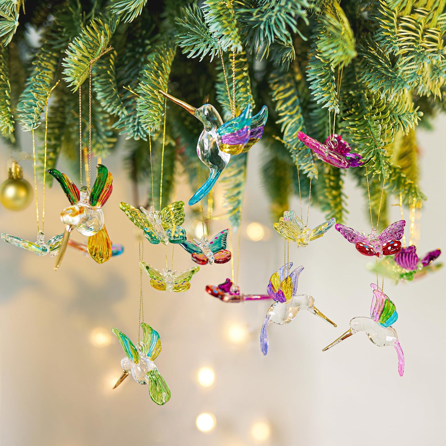 6Pcs Hand Blown Glass Hummingbird 1.3''*2.7'' Small Hanging Ornaments Crystal Humming Bird Figurines Collectible Decor for Home