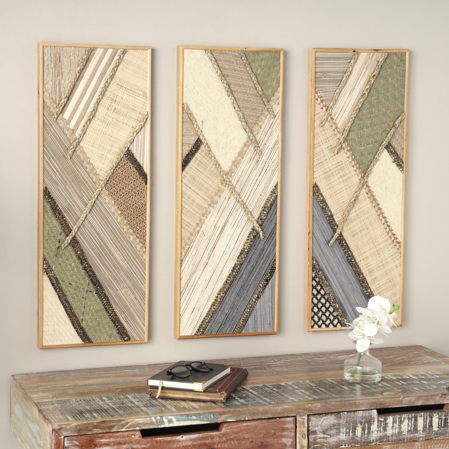Deco 79 Wooden Geometric Handmade Home Wall Decor Textured Mixed Media Diagonal Wall Sculpture, Set of 3 Wall Art 12" W, 32" H, Brown