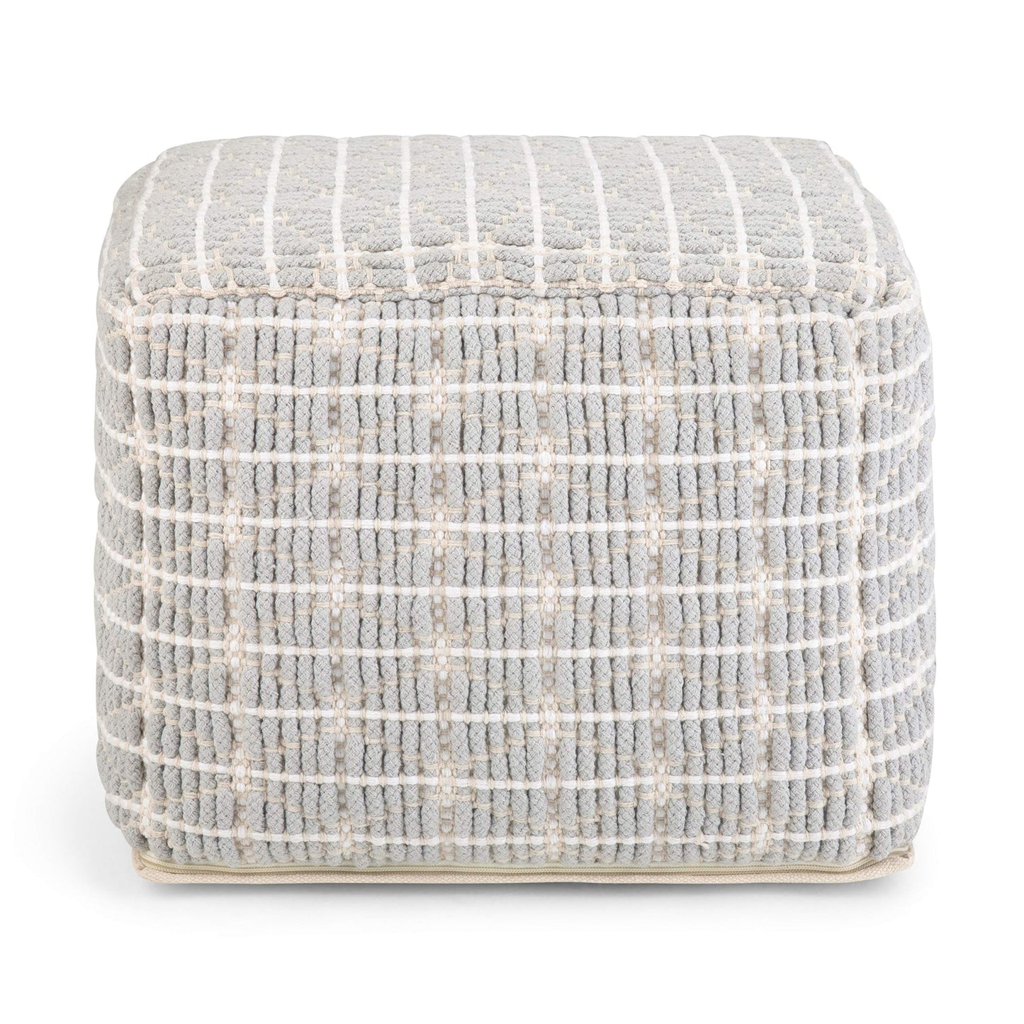 SIMPLIHOME Noreen Square Pouf - 18 inch Wide Upholstered Handwoven Cotton Ottoman in Light Blue and White, Boho Footstool or Extra Seating for Living Room with Polystyrene Filling, Assembled