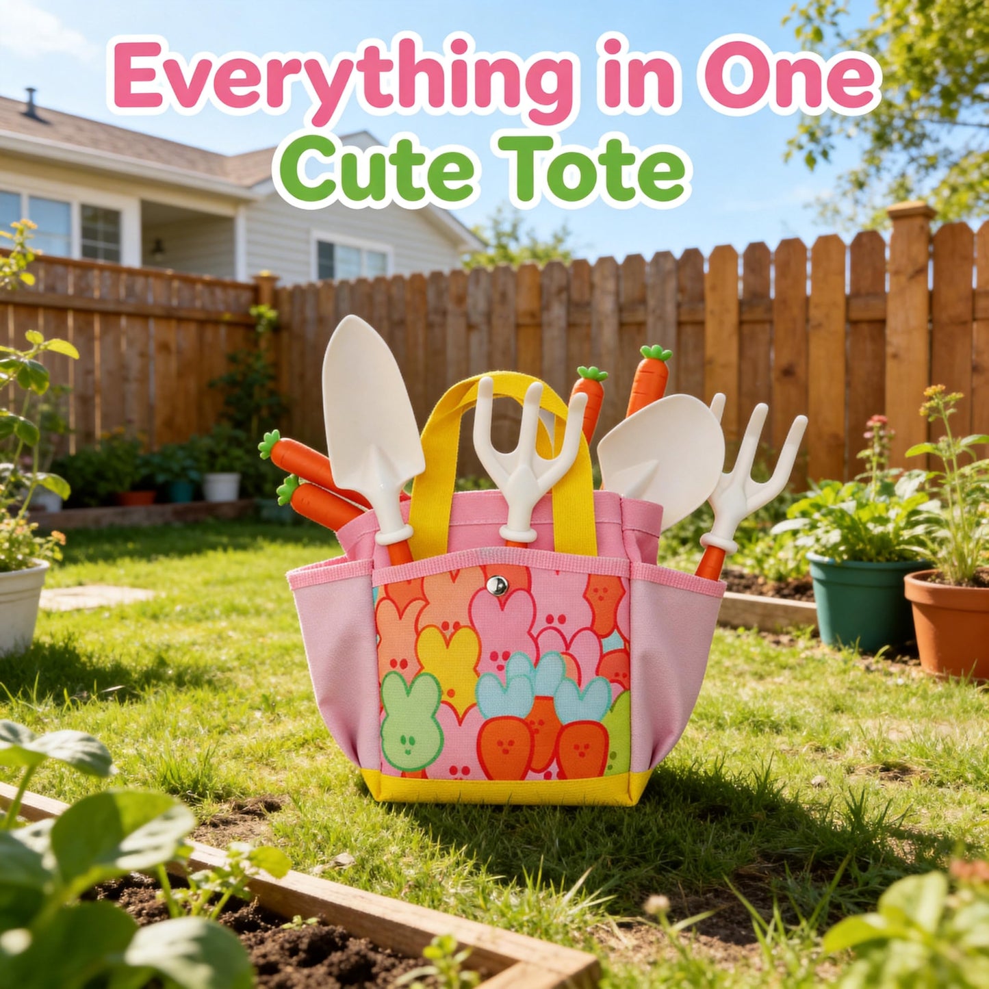 Kids Gardening Outdoor Tools Set with Adorable Sun Protective Hat & Bunny Apron, Carrot-Shaped Shovel Rake Trowel, Garden Kit for Toddlers Ages 3-8, Spring Birthday Gift