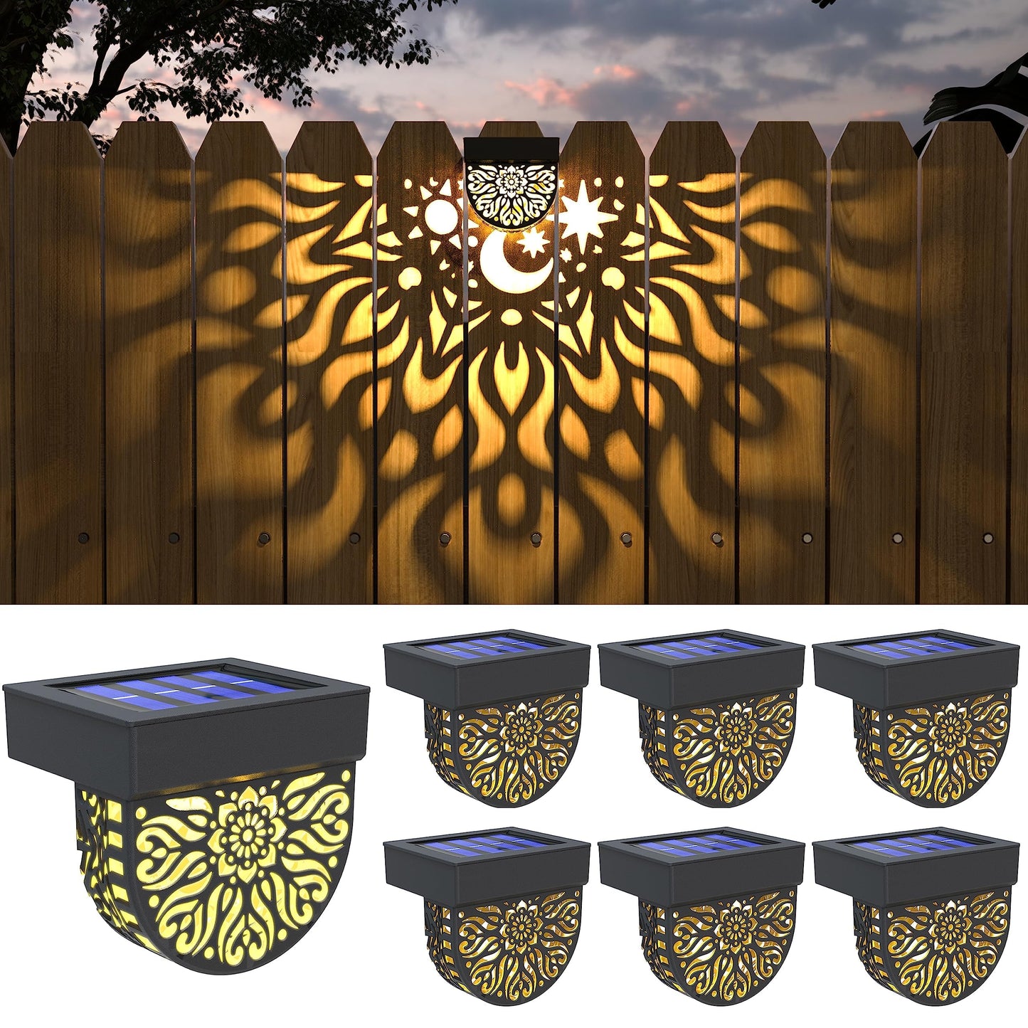 Gardsee Solar Fence Lights 6 Pack Solar Deck Lights Waterproof LED Solar Powered Step Light Wall Lights Outdoor Decorations Warm Yellow Light Decorative Lighting for Garden (Black)