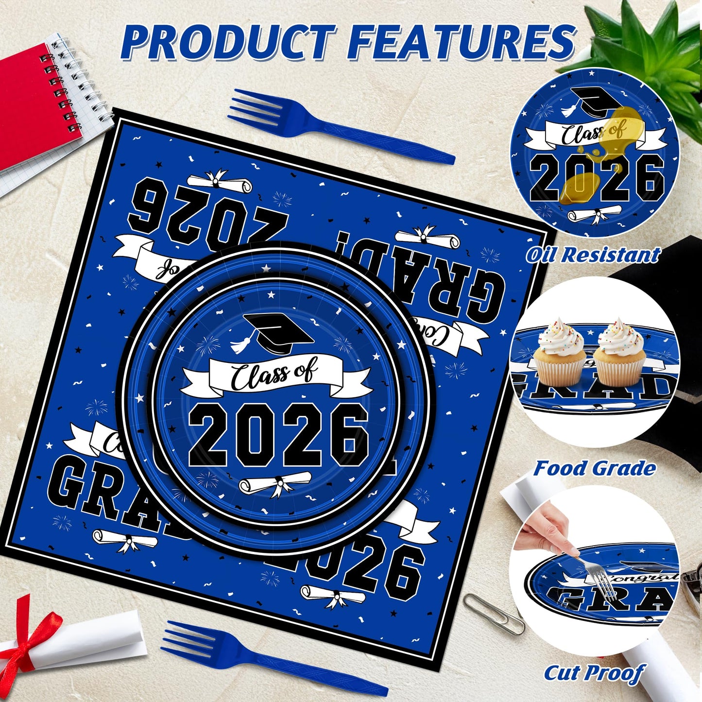 122 Pcs 2026 Graduation Decorations Serves 30, Graduation Party Plates and Napkins Set, Disposable Class of 2026 Grad Decorations, Blue Congrats Grad Paper Dinnerware Table Decor for Party
