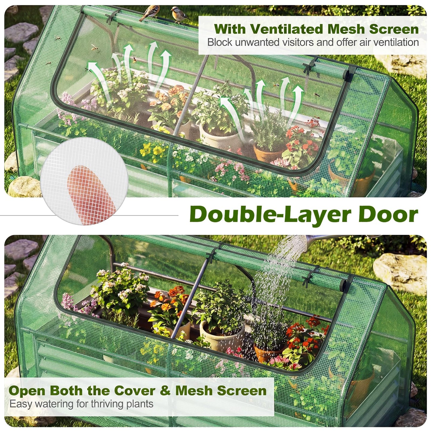 SAFSTAR Raised Garden Bed with Cover, 6FT x 3FT x 3FT Galvanized Bottomless Garden Bed with Greenhouse, Dual 2-Tier Roll-Up Windows, Outdoor Metal Planter Box Kit with Cover (Green)
