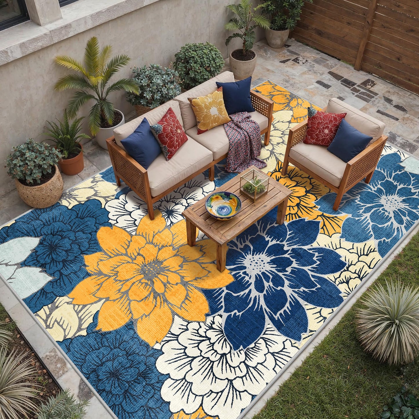 GENIMO Indoor Outdoor Area Rug 10'x14', Machine Washable Rugs for Patio, Waterproof, Non-Slip Easy Cleaning Floral Outdoor Mat Carpet for Living Room, Bedroom, RV, Balcony, Deck, Camping, Navy Blue