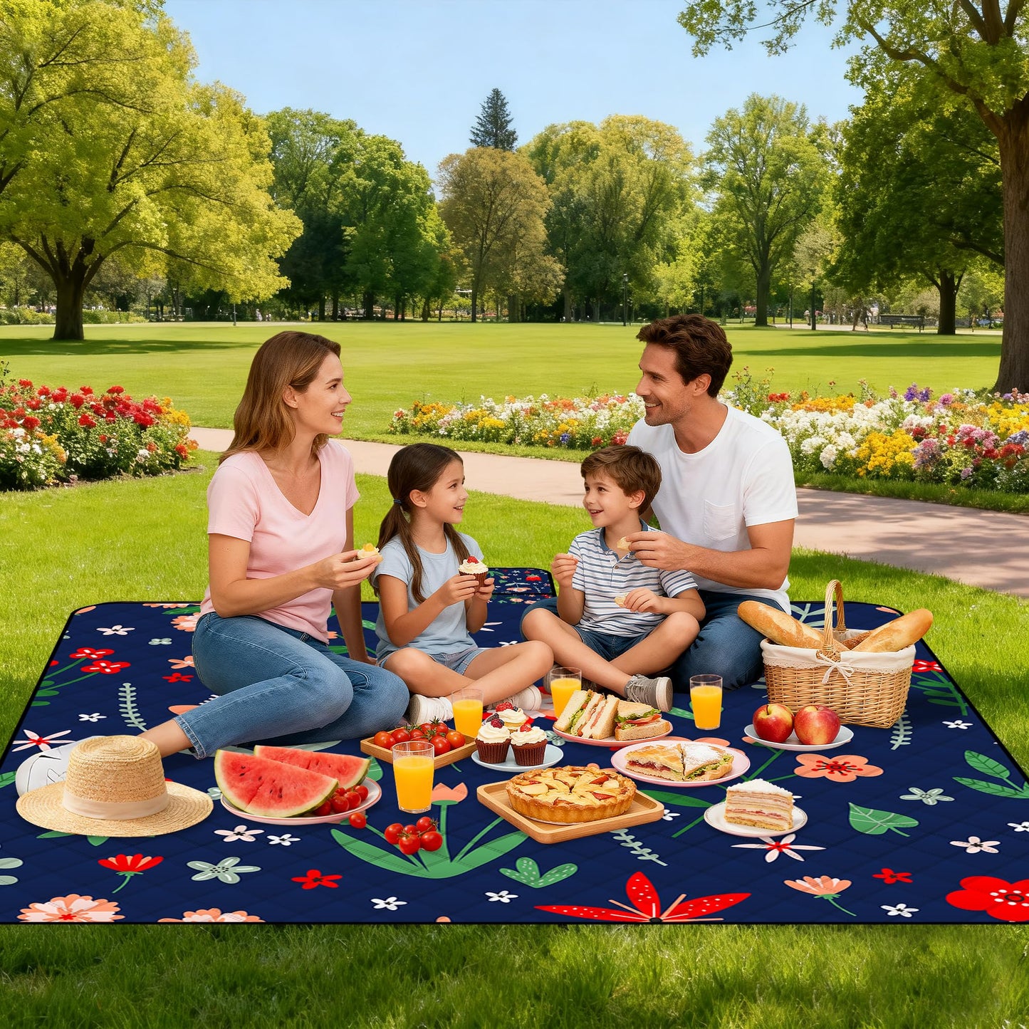Extra Large Picnic Blanket Waterproof,80"x 80"Foldable Machine Washable Beach Blanket,Outdoor Blanket for 6-8 Adults,Suitable for Indoor Crawling,Park Beach,Camping,Hiking,Family Travel(Light Blue)