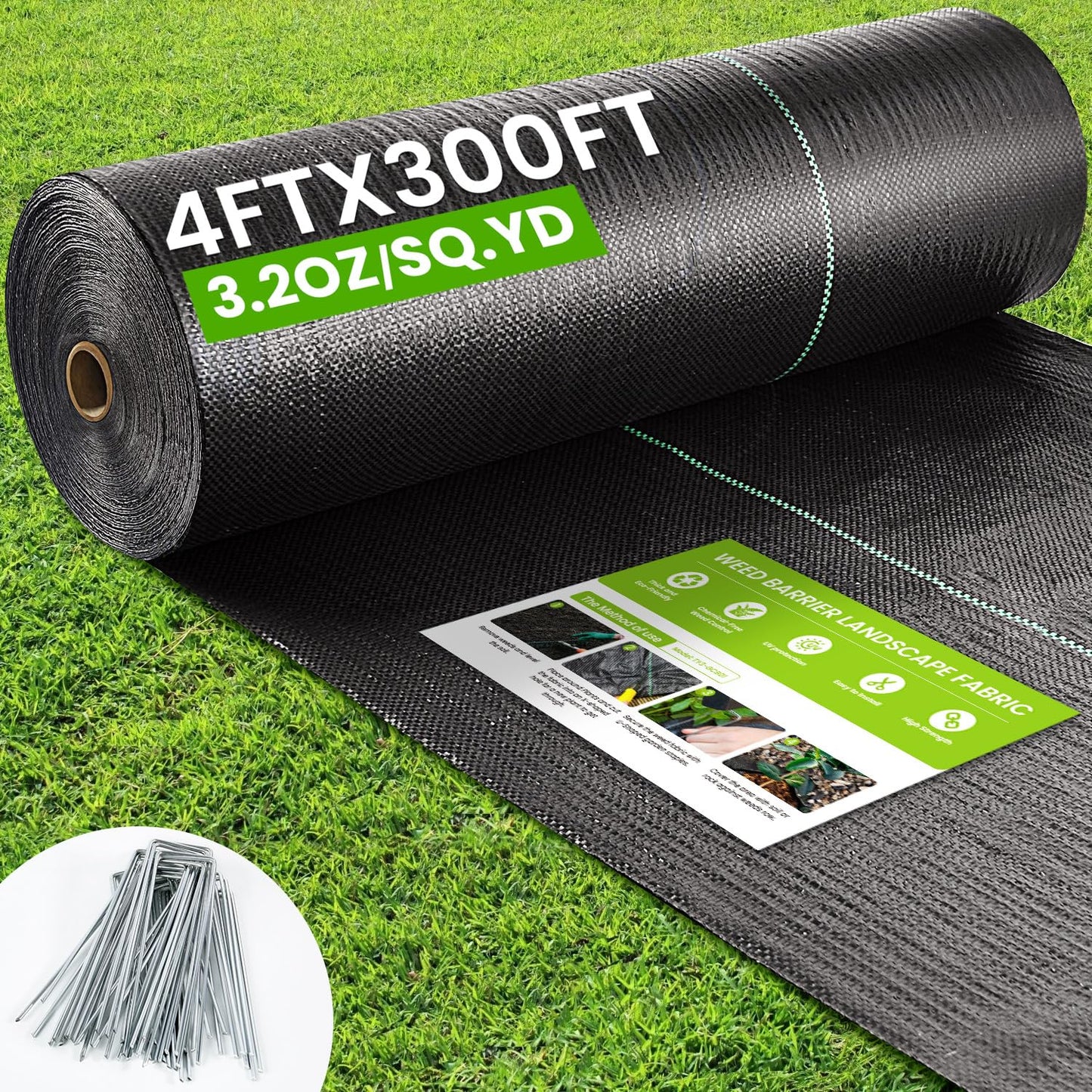Rintea 4FTX300FT Weed Barrier Fabric, 3.2oz Landscape Fabric, Durable Weed Barrier Fabric Heavy Duty with 20 U-Shaped Securing Pegs for Landscaping Weed Blocker Garden Bed Cover, Commercial Driveway