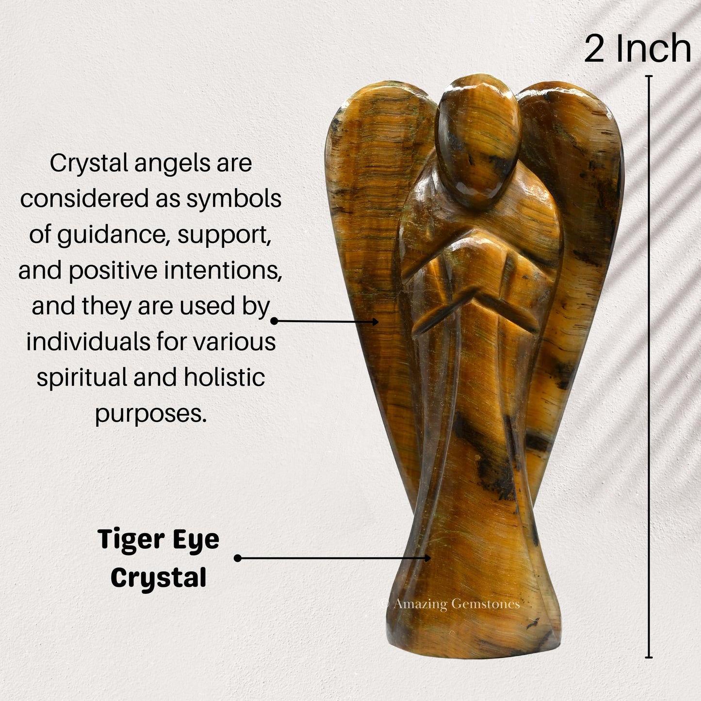 Tiger Eye Crystal Guardian Angel Figurines Ornament for Healing Birthstone, Decoration Statue (Hand Carved Pocket Gemstone Angel) (2 inch)