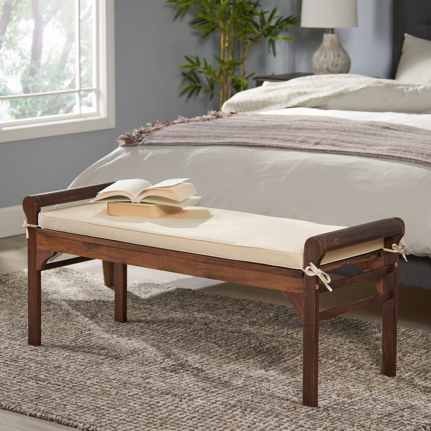 Christopher Knight Home Nelson Wood Bench with Cushion, Rich Mahogany