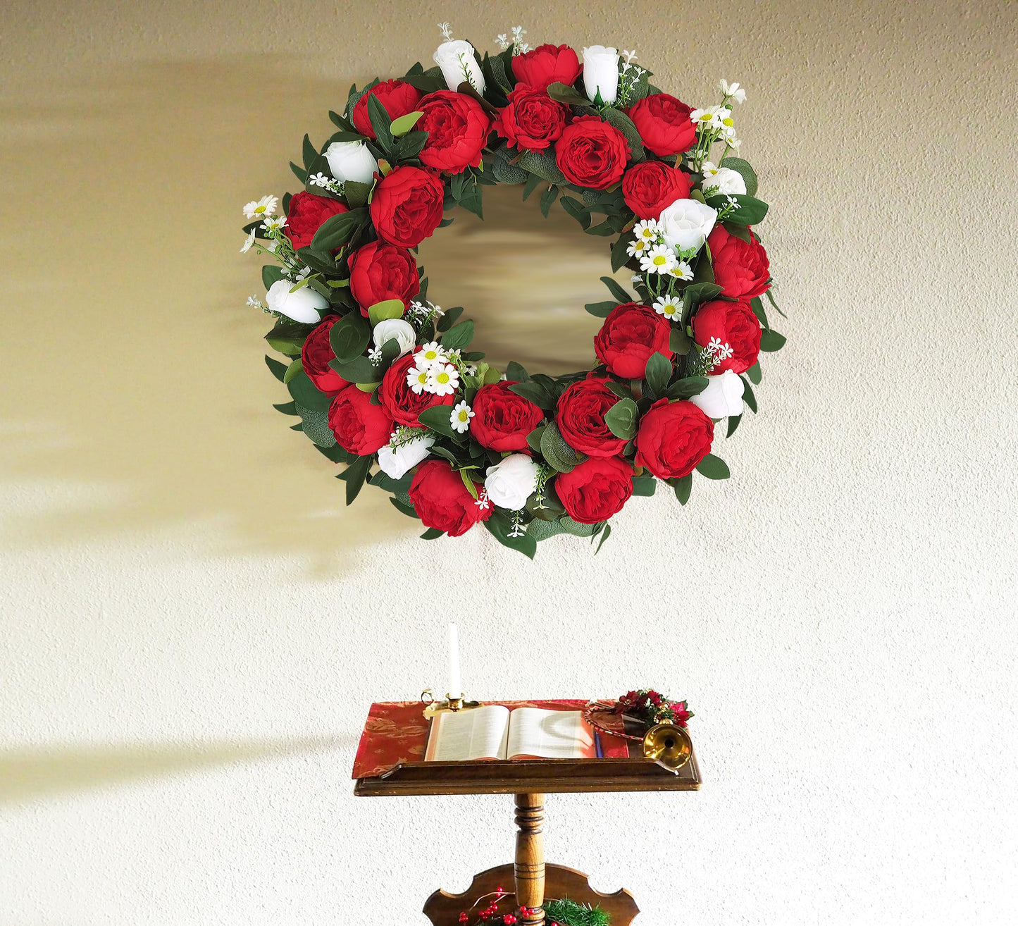 AILVEMEE Cemetery Wreaths for Graves,Christmas Wreath for Cemetery,Memorial Day Grave Wreath,Headstone Wreaths on Metal Stand,Spring Artificial Flower Wreath:Red Peony,White Rose