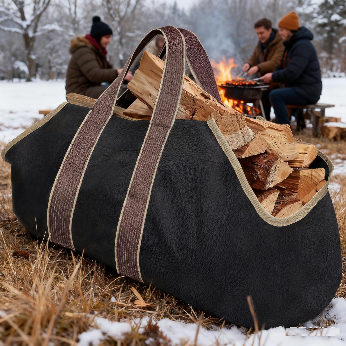 AMAGABELI Large Canvas Log Tote Bag Firewood Carrier Heavy Duty Fireplace Log Holder Fire Wood Carriers Carrying with Handle Wood Sling Fire Place Outdoor Cabin Stove Accessories Black-Enclosed Ends