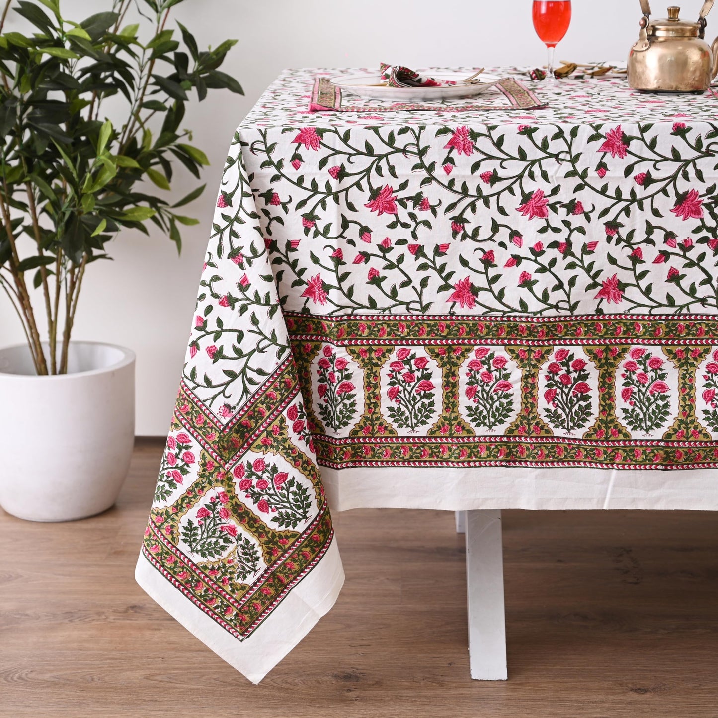 DecorAvenue Hand Block Printed Cotton Tablecloth Elegant Floral Design Soft & Durable Perfect for Dining Table Kitchen Parties Home Decor (Rosy Elegance, 6 Seater 60 x 90 Inches Rectangle)