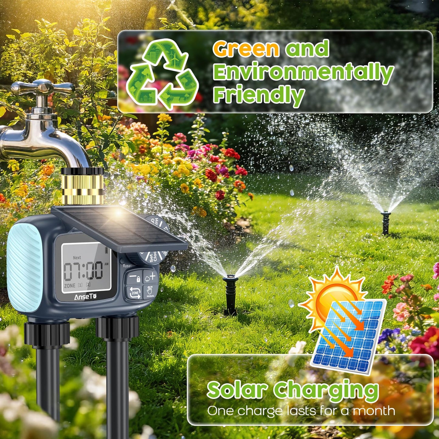 AnseTo Solar Sprinkler Timer,Brass Inlet Hose Timer for Garden Hose,Programmable Water Timers,Plant Watering Devices,Garden Watering System, Rain Delay/Manual/Automatic Irrigation System, 2 Outlet