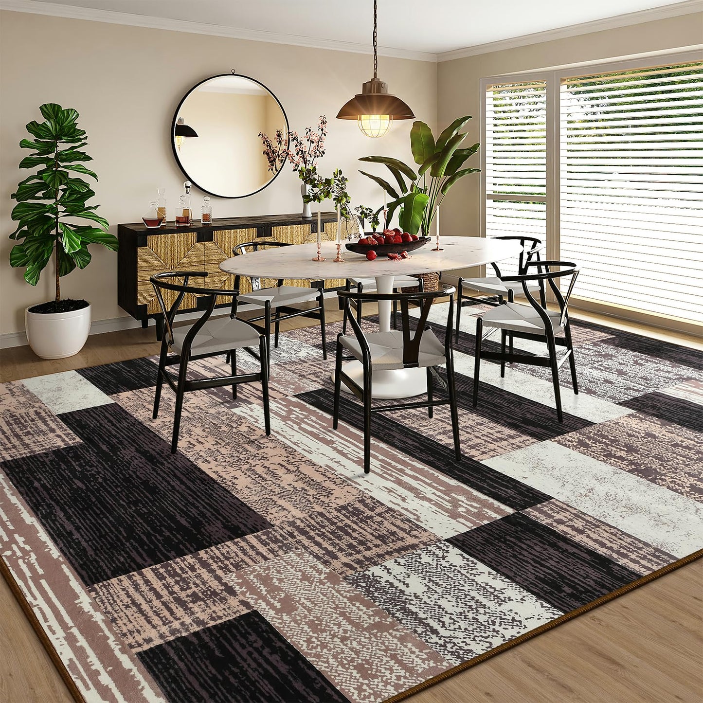 Large Area Rugs,Modern Geometric Patchwork Floor Decor for Bedroom Aesthetic Carpet, Rockwood Collection, Indoor Rugs for Living Room Dining Room Nursery Office Machine Washable Rug, 5x8 Ft Chocolate