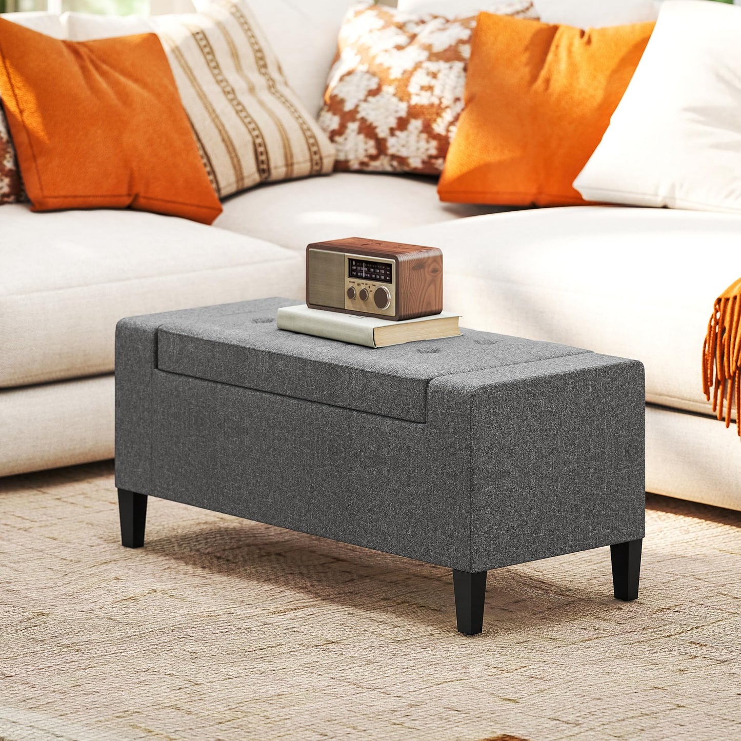HOMCOM Storage Ottoman, Linen Upholstered Storage Bench with Lift Top and Button Tufted for Living Room, Gray