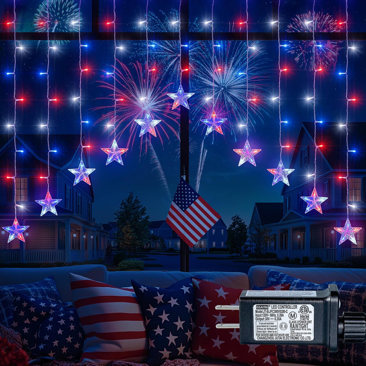 4th of July Patriotic Star Icicle Lights,red White and Blue Curtain String,11.5ft 118LED Waterproof 8 Modes with Timer Connectable Independence Day Decorations Window Lights for Outdoor Indoor