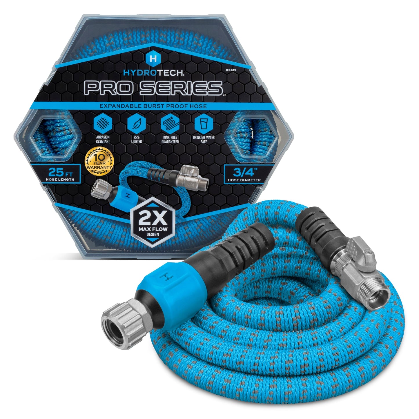 HydroTech 25 ft Expandable Garden Hose - Pro Series, 2x Max Flow, 3/4" No-Kink Flexibility, Lightweight Hose for Lawn, Garden, Car Washing, Deck and Patio Cleaning