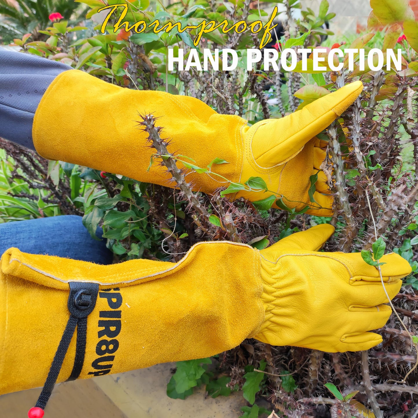 SPIR8UP Cowhide Rose Pruning Gloves, Thorn Proof Long Gardening Gloves for Women & Men, Durable Gauntlet for Cactus Handling (Yellow, Large)