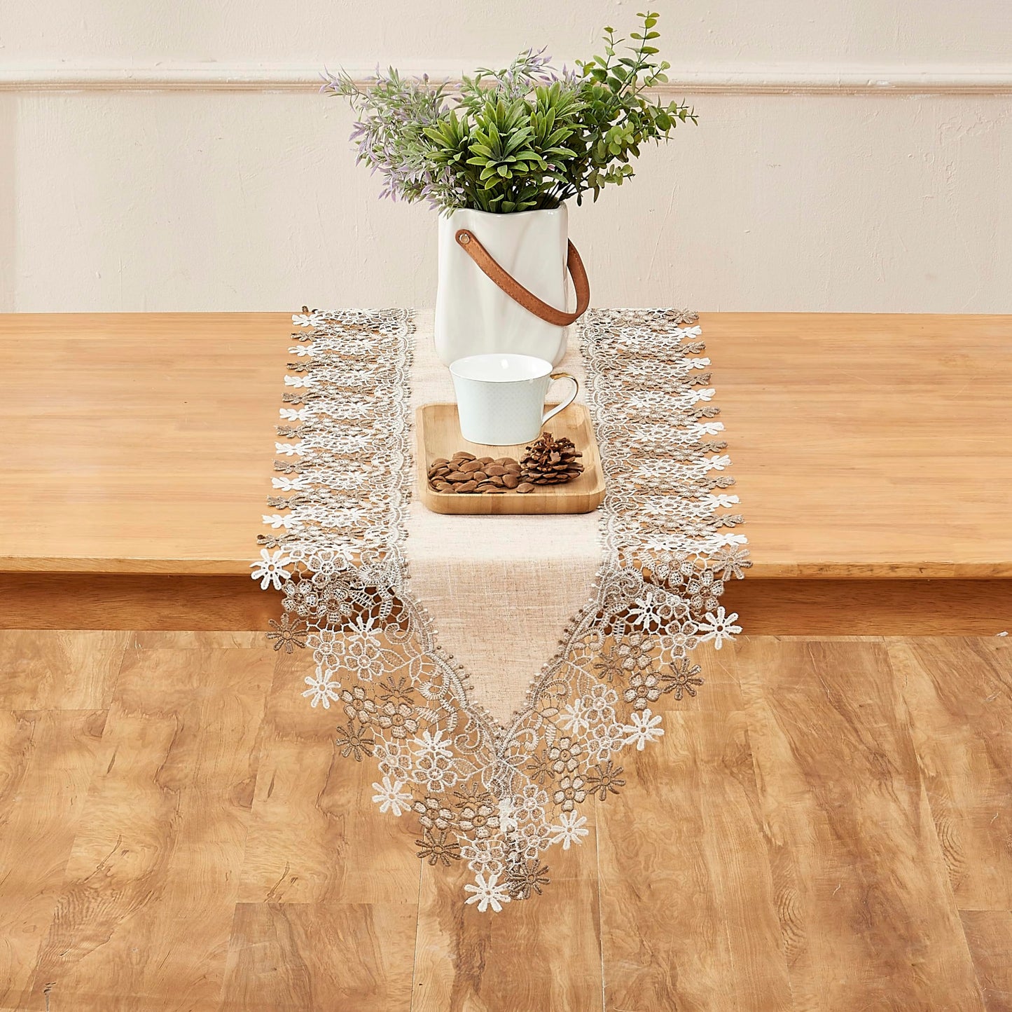 Winotic Natural Neutral Earth Tones Beige Floral Lace Table Runner Dresser Scarf 36 inches Long for Home Decor (16” x36”, Natural)