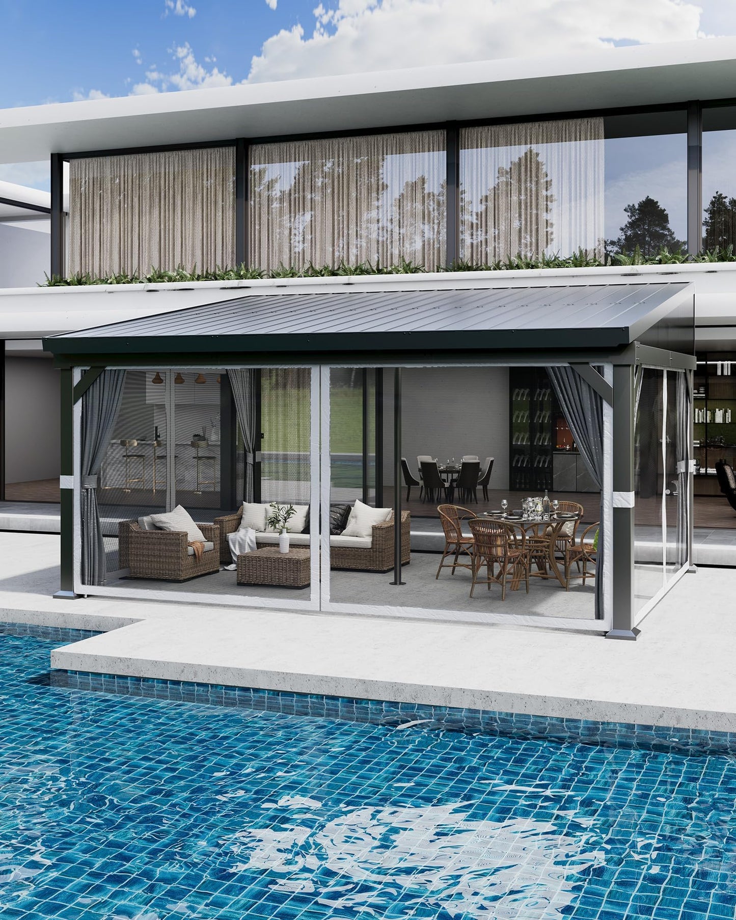 10X14 ft Wall Mounted Lean to Gazebo with Gutters System & Sliding Netting, Aluminum Frame, Connectable Wall Mounted Gazebo Pergola with Sloping Galvanized Steel Roof for Patio, Garden, Grey