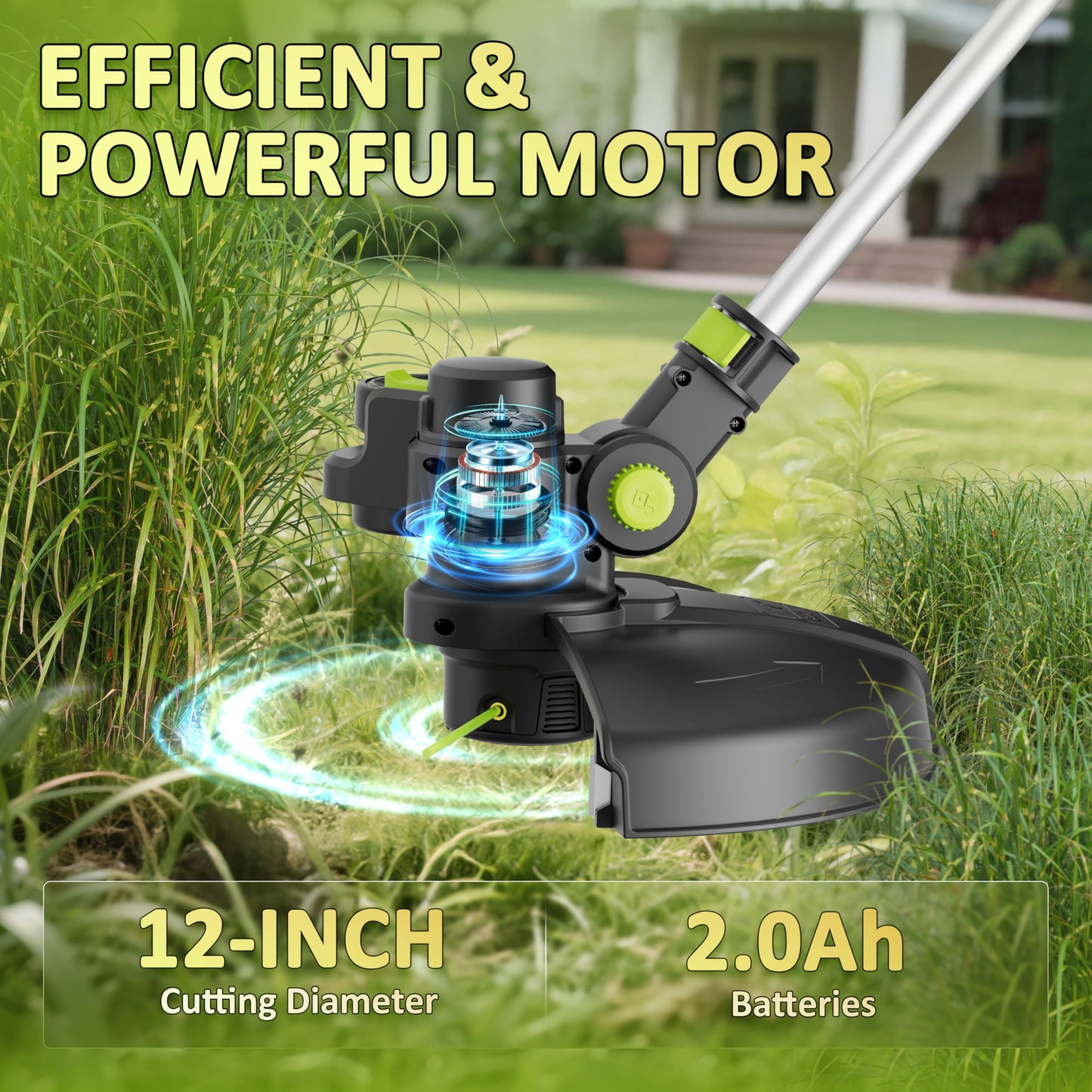 20V Cordless String Trimmer, 2.0Ah Battery Powered with Fast Charger, 12'' Grass Cutter with Auto Line Feed, 3-in-1 Electric Lawn Mower Grass Trimmer & Edger Lawn Tool with 8 Lines for Yard, Garden