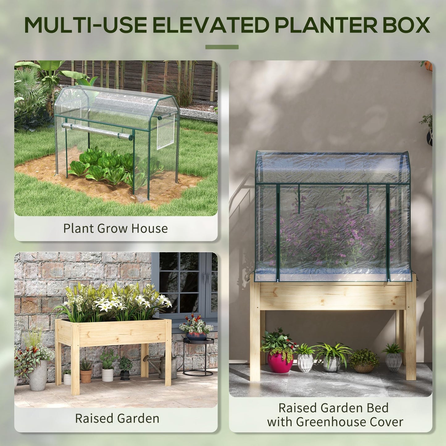 Outsunny Raised Garden Bed with Plastic Greenhouse Cover and Bed Liner, Outdoor Elevated Wood Planter Box for Herbs and Vegetables, Use for Patio, Backyard, Balcony, 45 x 24 x 65 inch, Natural