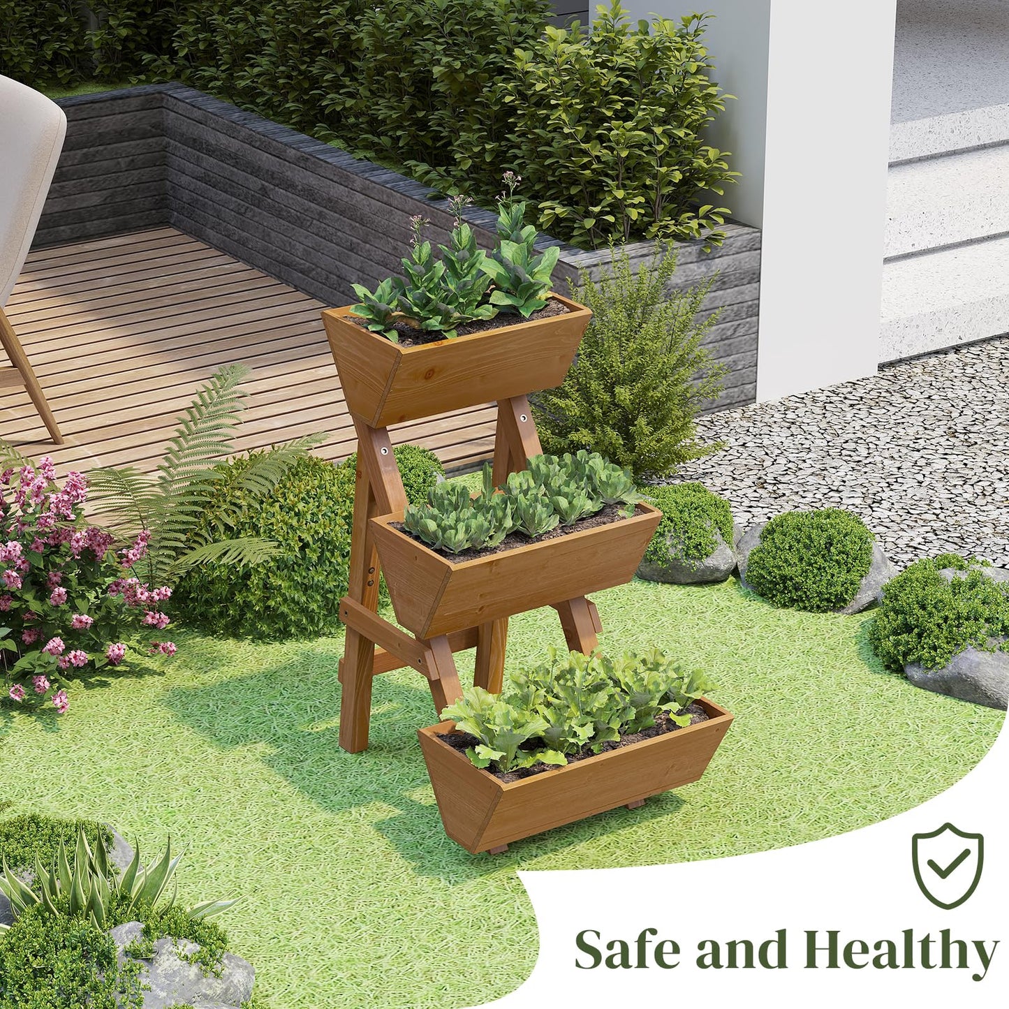 PULIJIAJU 3-Tier Wooden Vertical Raised Garden Bed with Legs, Tiered Planter Box, Vertical Garden Planter,Wood Plant Stand Wood Flower Rack for Patio, Balcony, Freestanding. (Brown-Small)